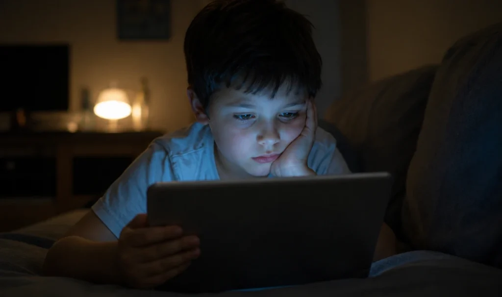 A child with a glazed expression sits close to a glowing screen, illustrating the effects of excessive screen time on children