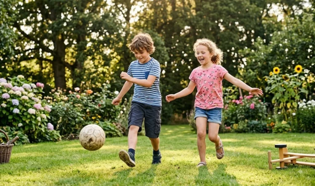 Two children playing and laughing outdoors in a garden, representing healthy screen-free activities for kids