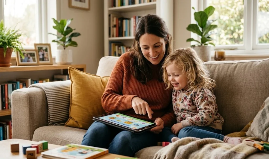 A parent and young child sit together on a couch looking at a tablet, demonstrating healthy co-viewing screen time habits