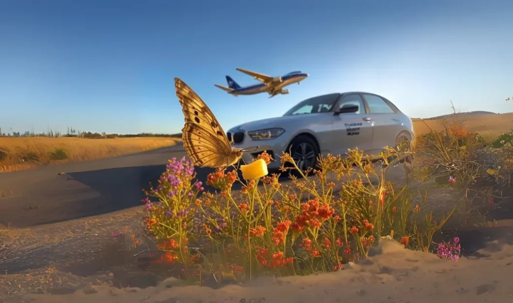 Objects That Start With B: Butterfly, Bmw, and a Blurred Airplane in the Background