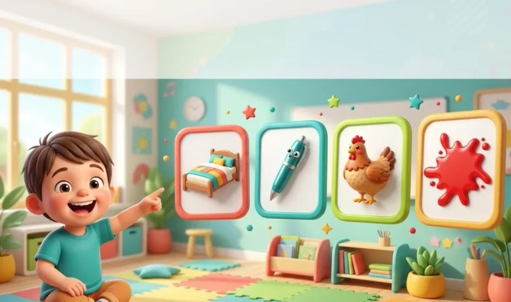Colorful visual guide to short E word families for children