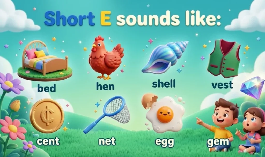 Large letter E surrounded by a child, elephant, eagle, egg, and envelope
